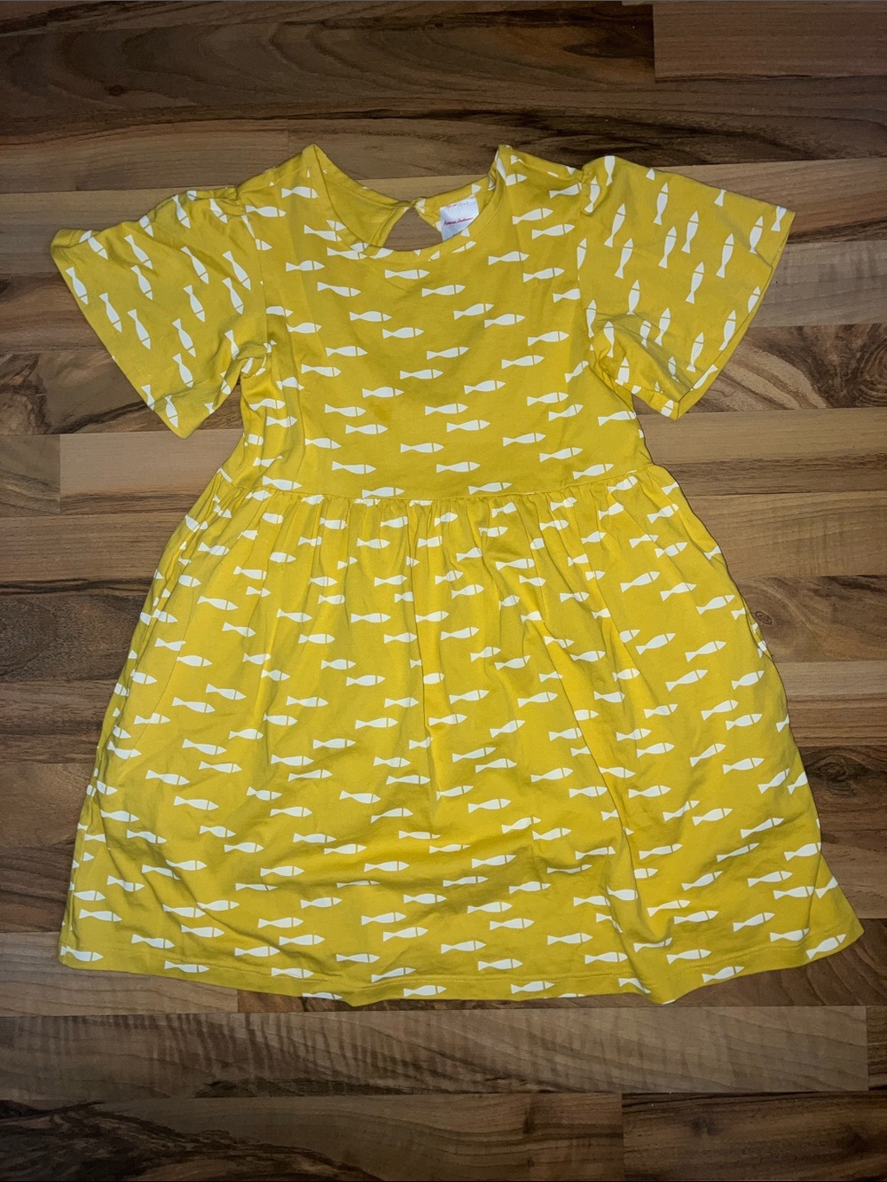 Hanna Andersson Yellow fish print dress short sleeve cotton sz 6-7 120